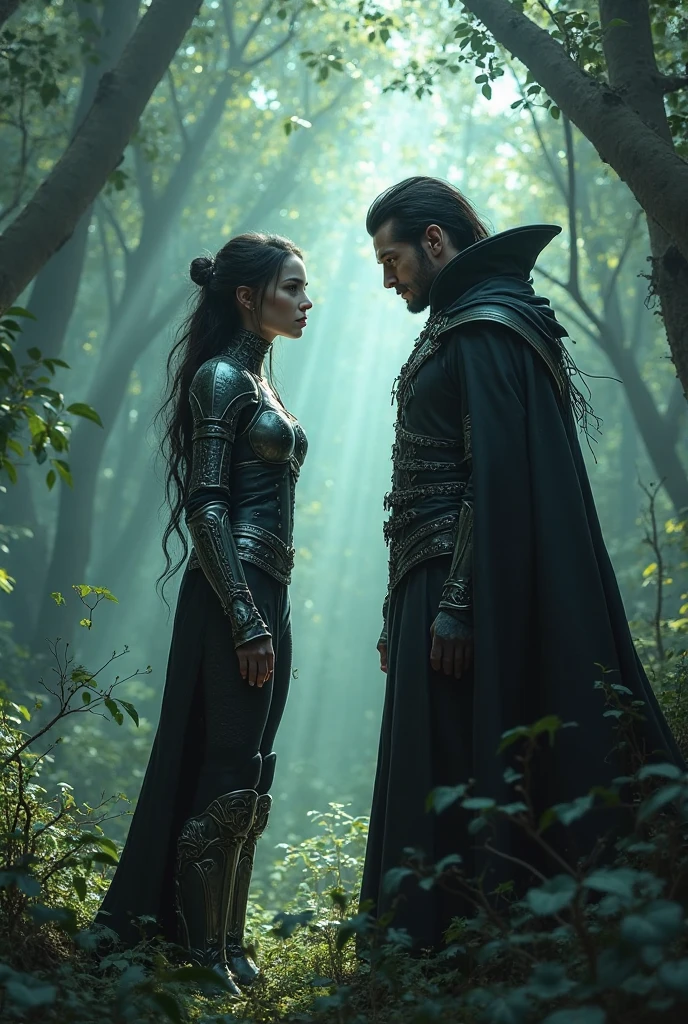 In the heart of an ancient forest, where the towering trees whisper secrets of old, Valis and the Spirit of the Earth stand facing each other. The air is heavy with the scent of earth and leaves, and the ground beneath them is soft, covered in moss and fallen leaves. Valis, clad in his gothic black armor with blood-red gemstones, gazes at the Spirit of the Earth with a mix of respect and sorrow. His long, black hair flows gently in the breeze, and his red eyes, usually fierce, now hold a softened intensity.
The Spirit of the Earth, with her earthy brown skin and hair resembling intertwined roots and vines, stands tall and serene. Her gown of leaves and stone catches the dappled sunlight filtering through the canopy above. In her deep brown eyes, there is a quiet understanding of the inevitable parting. Floating rocks and soil circle around her, a gentle reminder of her connection to the earth.
With a final, silent exchange of glances, Valis nods solemnly, acknowledging the bond they have shared and the paths they must now walk alone. The Spirit of the Earth offers a slight, bittersweet smile, her presence imbued with the strength of the ancient land. As Valis turns to leave, the earth beneath their feet trembles slightly, as if the forest itself mourns their parting. The Spirit of the Earth watches him go, her form gradually blending into the surrounding nature, becoming one with the forest once more.
The scene captures the poignant moment of departure, where two powerful beings, bound by fate and battle, must go their separate ways, leaving behind the echoes of their shared struggle.