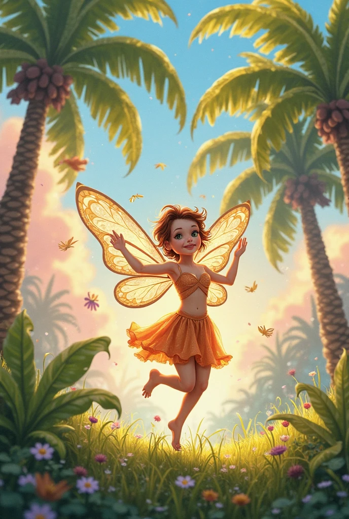 A photorealistic cute, slender aerobics instructor with very short brown hair, brown eyes, and dimples, standing confidently in a surreal natural landscape. She's wearing a flowing, elegant gown that complements her figure. The background features an impossibly vibrant meadow under a brilliant blue sky. Flowers of unearthly colors and fractal patterns bloom everywhere, their petals shifting and morphing in hypnotic ways. Giant, iridescent butterflies with kaleidoscopic wings flutter by. Trees with spiral trunks reach towards a sun that seems to pulse with rainbow colors. Clouds take on impossible geometric shapes, morphing and dissolving. The air is filled with shimmering, colorful particles that seem to respond to thought. Vibrant colors include electric blues, neon pinks, luminous greens, and radiant golds, all more vivid than seems possible. The lighting is intense and dreamlike, as if reality itself is overexposed, casting no shadows. Broad strokes of bright, contrasting colors sweep across the sky, creating mesmerizing patterns - vibrant oranges, electric purples, and pulsating teals dance and swirl overhead.