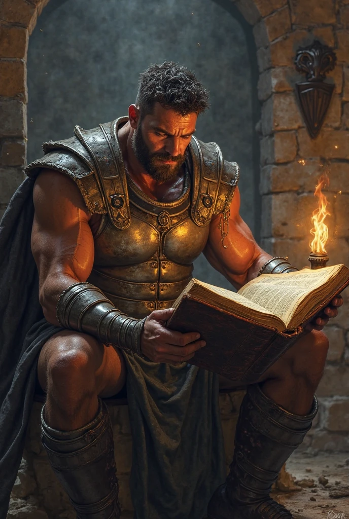Bronze age man with short hair on top and short sides warrior reading the Bible among the mountains