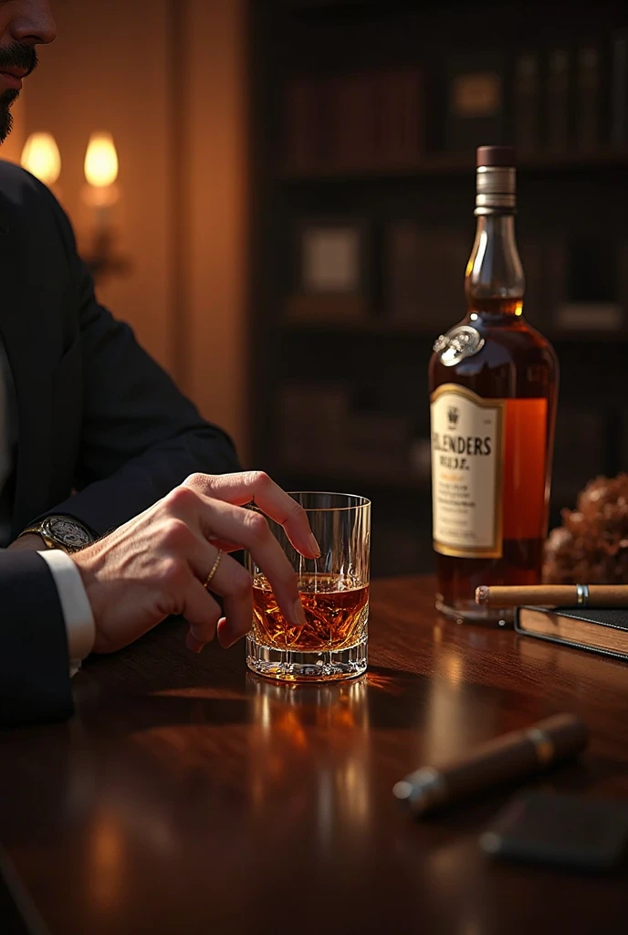 At the table, pouring liquor into the glass