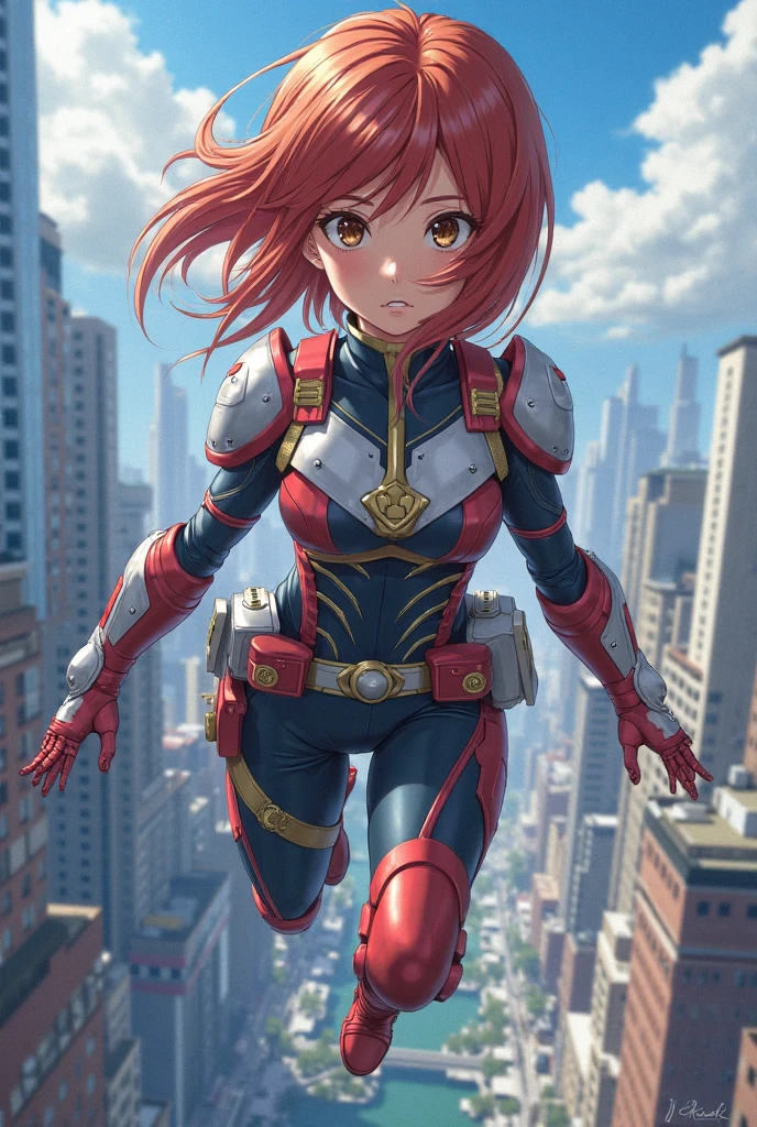 1girl, medium breasts, leotard, red leotard with blue accents, bare legs, boots, matching boots, bracelets, solo, single, spins fast in place like a tornado, full body shot, cowboy shot, beautiful detailed eyes, blue eyes, mature lady, red hair, bob hair, superhero, inside a tornado cloud