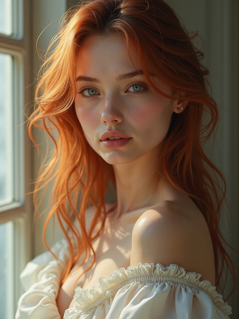 A fictional being, (((fully body))), Young orange-haired colossal breasted woman, i&#39;m, Close-up, Sunniness, professional foto, bonitas, face perfect, 30s, white gown, glowing details, high-heels, Ultra High Definition, 8k, Motor Unreal 5, Ultra sharp focus, artwork Intricate artwork, highy detailed, vibrant high definition, 16K, cinemactic, high qualiy, hyper realistic cover photo awesome full color, cinematic quality, High definition, 16K, swirly vibrant colors, lighting professional best quality, ultra high-resolution, (photorrealistic: 1.4) , high resolution, circunstanciado, raw shot, sharp re, By Lee Jeffries Nikon D850 Film Stock Photography 4 Camera Kodak Portra 400 Lens F1.6 rich colors hyper realistic realistic texture dramatic lighting irrealengine trending at artstation cinestill 800
