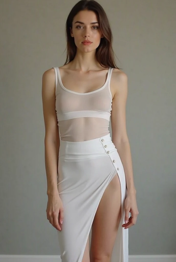 black pubic hair, front view, beautiful, completely ????? very skinny russian girl 14 years old, bare thighs, earrings, in two color wrap top, stand in mix shoes heel, Arms crossed, white background, photorealistic