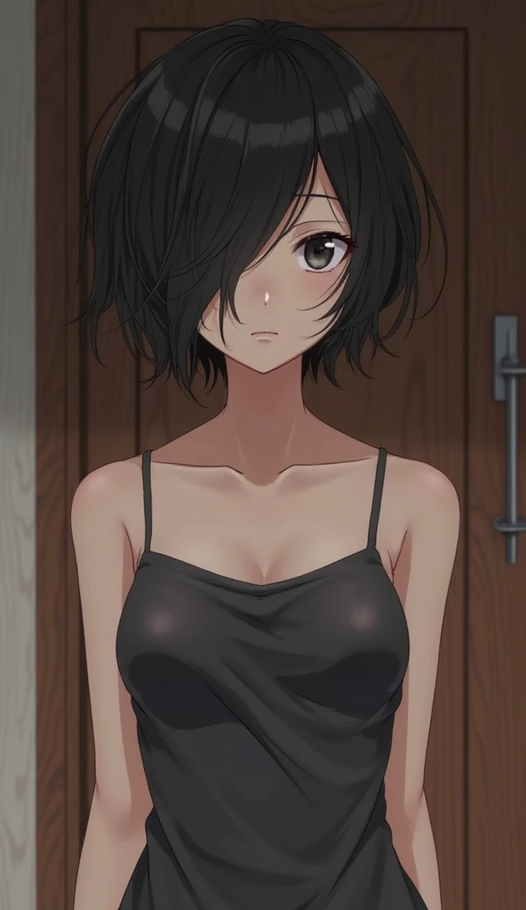 1girl in, Mikasa Ackerman, (Black hair:1.3), Hair between the eyes, Short hair, Gray eyes, Gentle lips, Undersized breasts 、masutepiece, Best Quality,Lying、Nipple see-through、on the beds、(((Sheer tank top、White lace panties)))、NSFW:1.7、Show off your panties、Fornication、grimace、