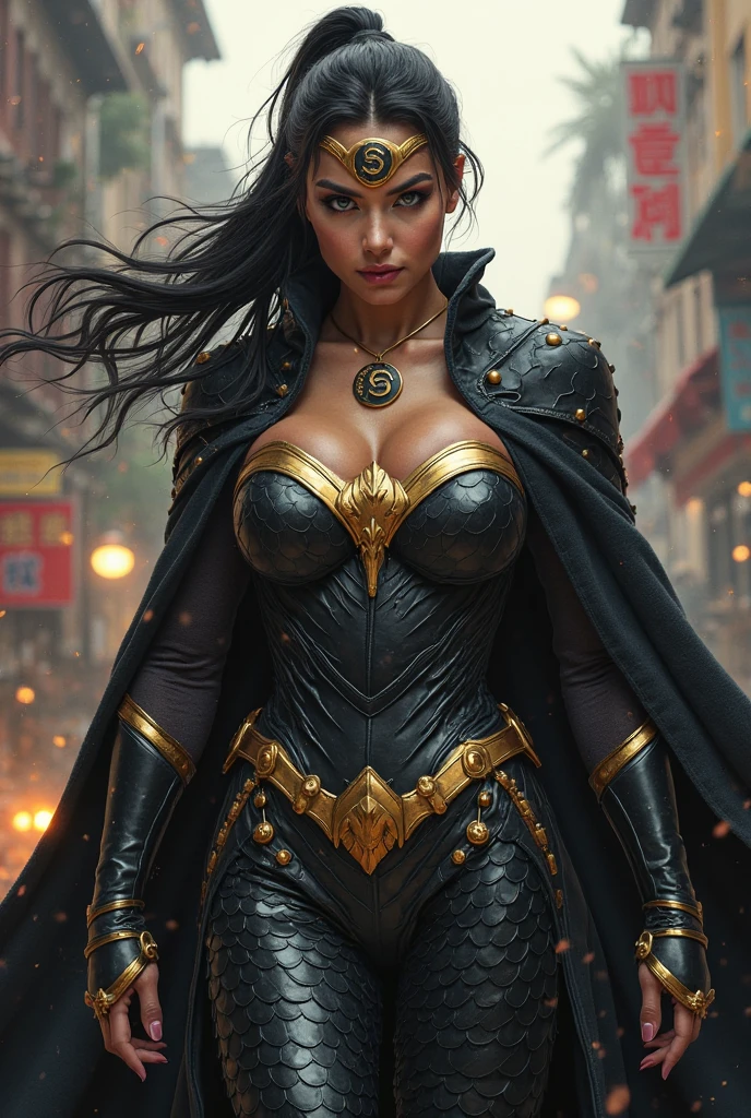 Sexy war woman, A beautiful, powerful cyberpunk dystopian warrior woman with expressive eyes, a perfect face, and highly detailed features, ((massive perfect breast)), ((deep cleavage)), ((magical fantasy background)),muscular body,wearing a dark, dramatic fantasy-inspired outfit with black and gold accents, deep cleavage, and a massive bust, set against a dramatic, gloomy foggy night, sexy dress,