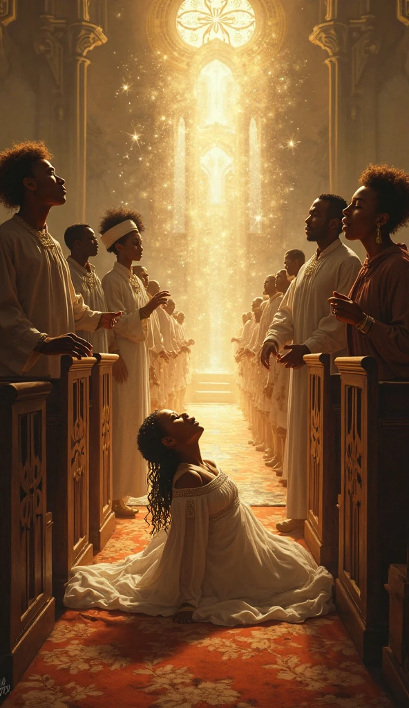 1 men,  1 child and 2 women in white clothes, with bead necklaces in front of an altar with white candles, a jug of water for baptism in Umbanda