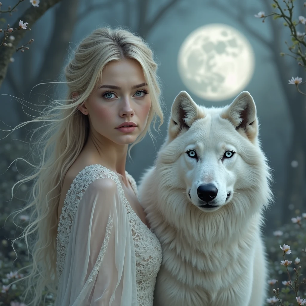 Goddess Venus and Wolf, ((A white wolf stands next to a girl)), (huge wolf) , (a huge white wolf guards a beautiful young girl), The white wolf&#39;s fur glows with silver sparks, motion, running in front, forward bend, (Venus de Milo) a goddess, blue eyes, (VERY Young Girl), ((girl 16 years old)) lips ajar, blue eyes, Blonde girl, very long curly hair, board transparent, transparent air pay, silver collar, silver belt, greek sandals, silver sandals, starry sky background, A lot of stars, background Orion Nebula, Two moons, Orion Nebula, go star trek, the milky way is at your feet. Full Growth Photo, Panoramic view, (Masterpiece: 1.5) (Photorealistic: 1.1) (Best Quality) (detail skin texture, pores, hairsh: 1.1) (Intricate) (8K) (HDR) (wallpapers) (Cinematic lighting) (sharp-focus)
