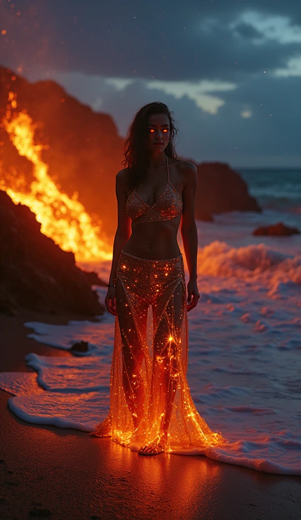 Tavi Gevinson as a dancer with feathers and jewelry at night on the beach by the fire in the style of magali villeneuve, eve ventrue, anna dittmann, realistic depiction of light, luminous pointillism, daz3d, the stars art group (xing xing), sultan mohammed, burned/charred, (Masterpiece:1.3), (best quality:1.3), 