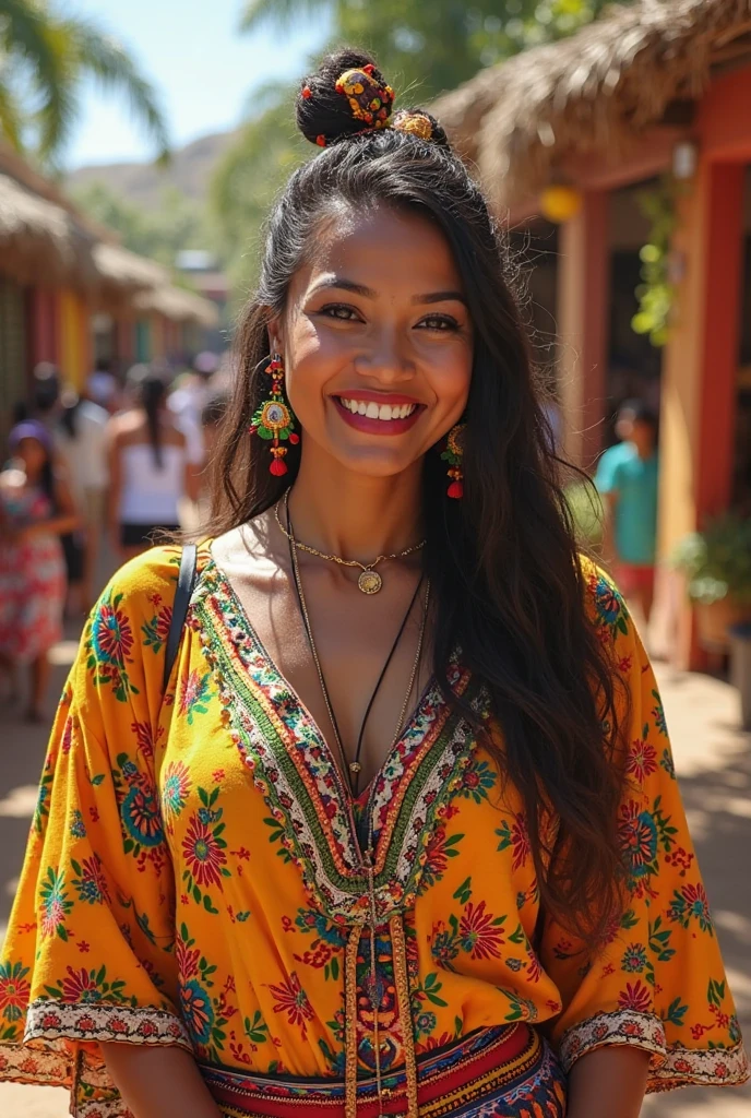 Generate a description of a woman of Otavalo descent who has extraordinary beauty. His skin is warm and soft in tone., with a natural shine that highlights its indigenous heritage. Tiene ojos oscuros, profundos y expresivos, that reflect the wisdom of their ancestral culture. Su cabello negro, largo y sedoso, cae en ondas suaves sobre sus hombros, enmarcando delicadamente su rostro. Sus rasgos faciales son armoniosos y proporcionados, with slightly pronounced cheekbones and full lips of a natural pink hue.

Her figure is voluptuous and curvilinear., con unas caderas generosas que resaltan su feminidad. Su porte es elegante y seguro, con una gracia innata en cada movimiento que hace. Su vestimenta refleja su orgullo por su herencia cultural, combining traditional Otavalo elements with modern and elegant touches. Su presencia irradia confianza y magnetismo, atrayendo todas las miradas a su paso.

A pesar de su belleza deslumbrante, His true charm lies in his kind nature and compassionate spirit.. Es una mujer inteligente, confident and with a passion for preserving and sharing the traditions of her people. His smile is contagious and his heart is as generous as the beauty of the landscapes of his homeland..