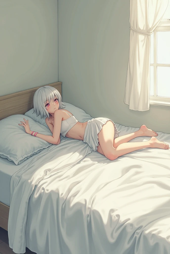 Silver-haired, red-eyed, barefoot little loli lying on the bed,Show the whole body,Wear leaky belly button pajamas and miniskirts，The girl lifted her pajamas to reveal her bra，Bigchest，High quality ultra-detailed