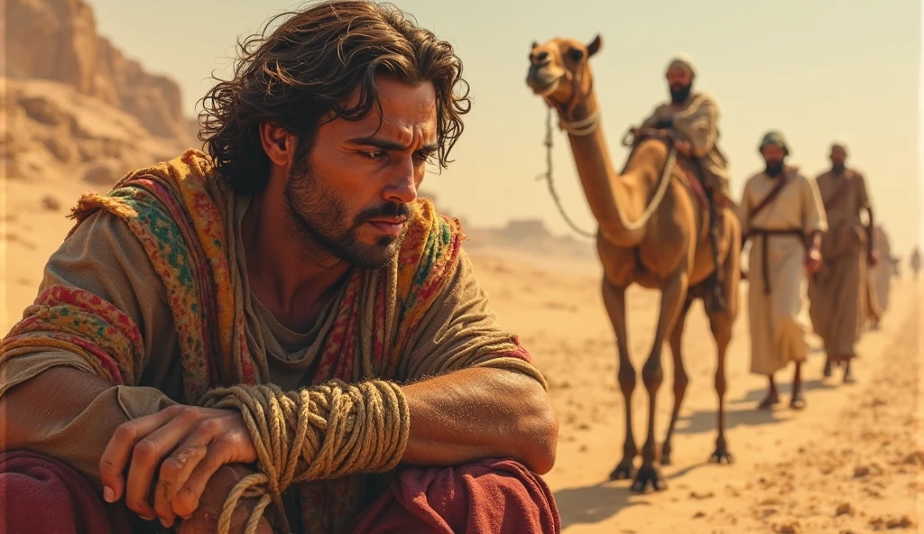 Young handsome cute white skin soft skinny beautiful face shirtless In the Arena decert dressed in golden Arab clothing with a winged camel
