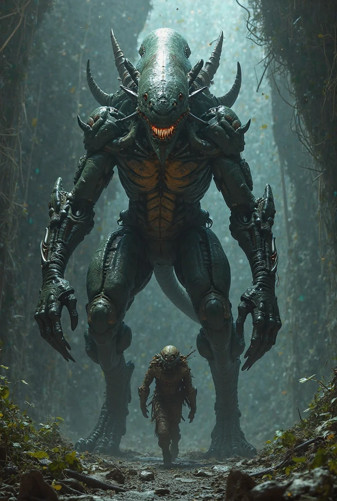 017: Create a hyper-realistic image of Juan Martínez, heart racing, summoning all his courage to stand and face the beings. He remembers rumors of secret experiments and alien technologies captured by the government. He realizes the creatures are not human. Their forms are humanoid, but their movements are mechanical and precise, as if controlled by something or someone. The creatures advance, and Juan braces for the worst. Suddenly, one creature stops a few meters from Juan, and a metallic voice resonates in the air: "You shouldn't be here." The image should be in a 16:9 format, with soft shadows and highlights to add tension and unease to the scene.