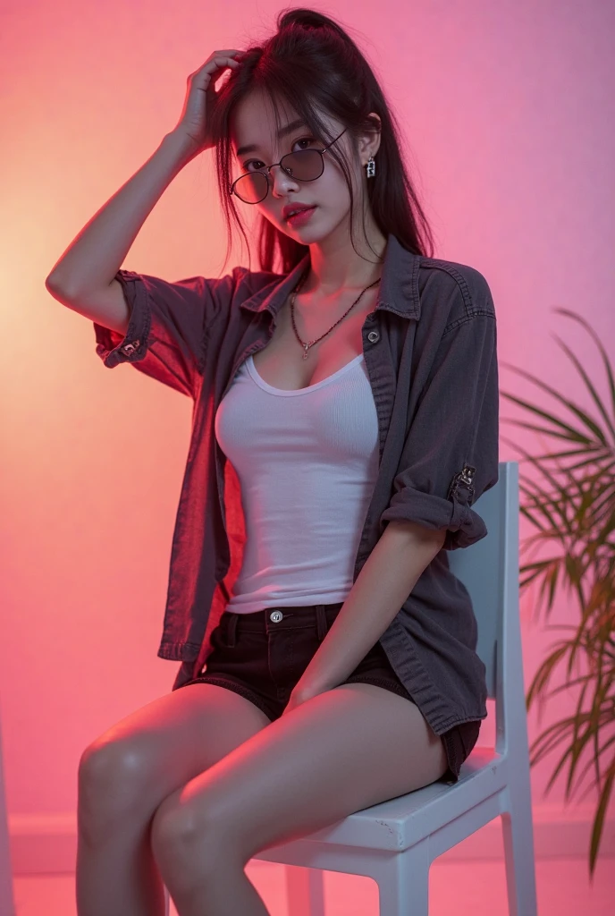 A young korean woman with medium messy wavy brown hair and a serious expression sits on the floor indoors, leaning against a large window, the forest outside. She is wearing a bright red shirt crop with text, left open show her bare big bust wearing gray thin strapped bra halter neck, also wearing gray thin strapped gstring. She has tattoos cover on her left arm and is accessorized with a watch, a bracelet, and a necklace, grey socks. The lighting is dim, creating a moody and intimate atmosphere. Her pose, with one hand touching her neck and the other resting on her knee, adds a sense of casual yet intense focus.