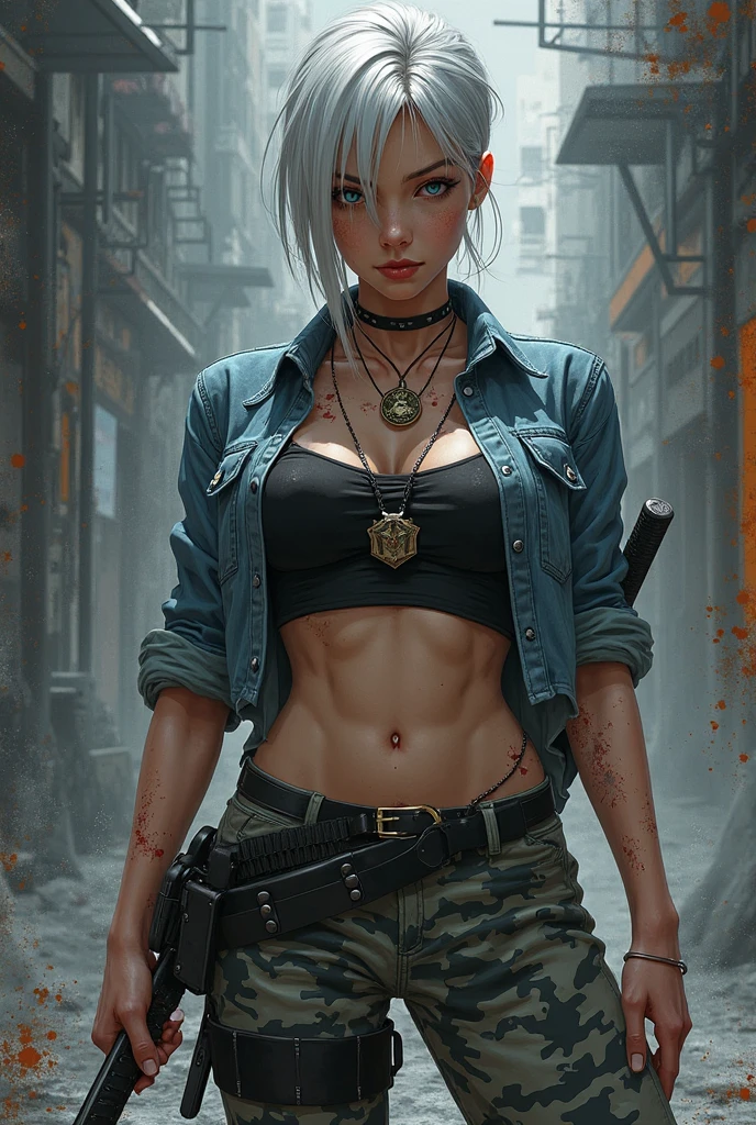 Photo of a dragonball girl in an apocalyptic landscape, Ruin in the background, Luminism, Tight white ripped t-shirt, Unbuttoned denim trousers, Open trousers, Beautiful woman with perfect body, Photorealistic perfect body, Slim figure, Slim abs, Sexy bumps with small breasts, Emphasising cleavage, Cool face projection, Blue hair, Highly detailed face and skin texture, Detailed eyes, High level of detail, Anatomically correct, Blurred background, Orange and teal, Filmic, Soft focus details, Natural blur, At night