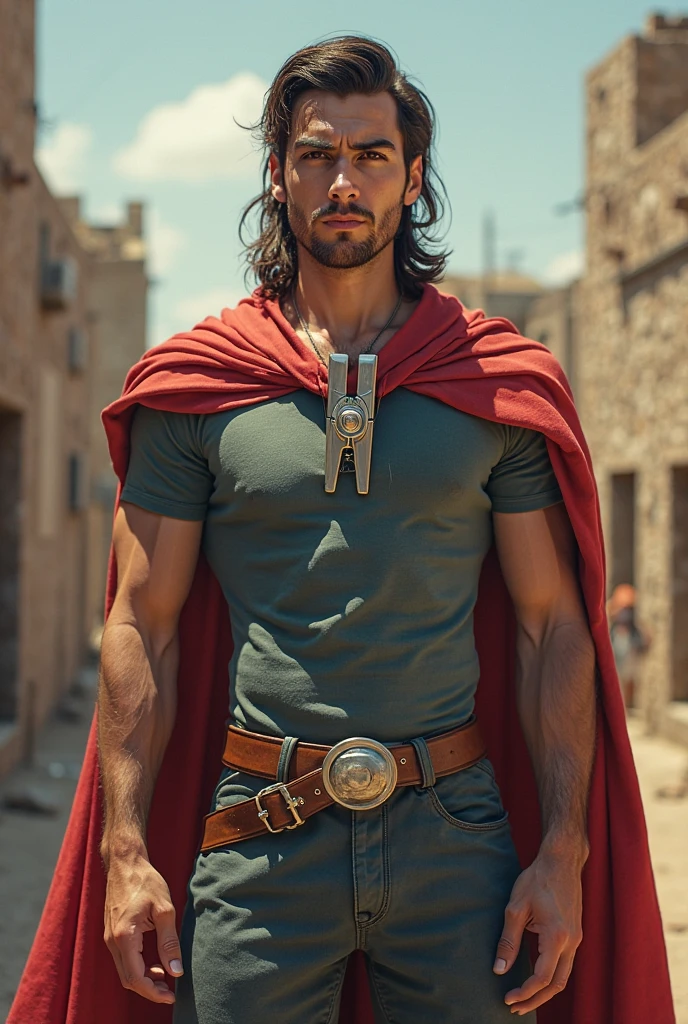 mccree, western setting, cowboy hat, red poncho, muscular, hunk, mechanical body, cybernetic right arm, cape, setting sun in background, smile, confident pose, cigar in mouth, best quality