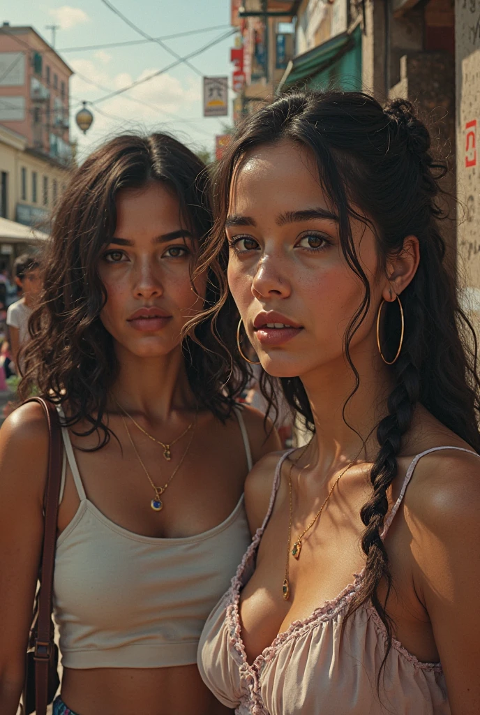 Beautiful Brazilian girl, upper body, extremely detailed face, makeup, mesmerizing eyes, luscious lips, fluffy hair, perfectly-shaped eyebrows, sharp cheekbones, terrace on the beach , sunset, in intricate and elegant dark blue evening dress, hair gathered in a chignon with two loose bangs on the sides of the face, radiant smile, model pose, two girls