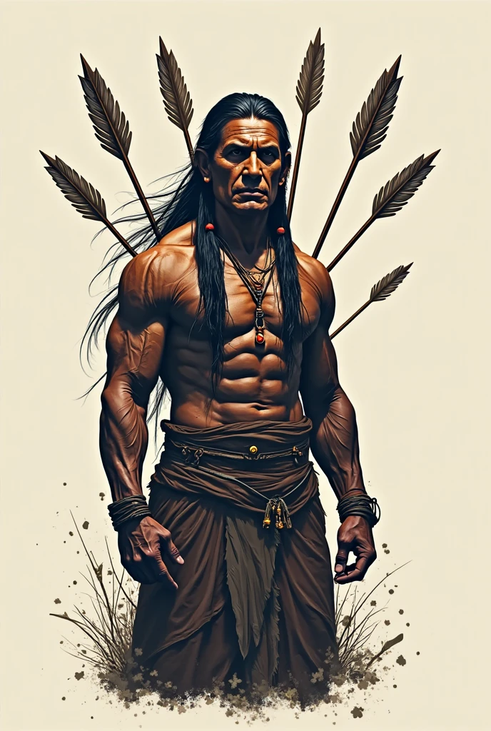 Black and white Drawing, Red indian man, with a spear, standing, clear background
