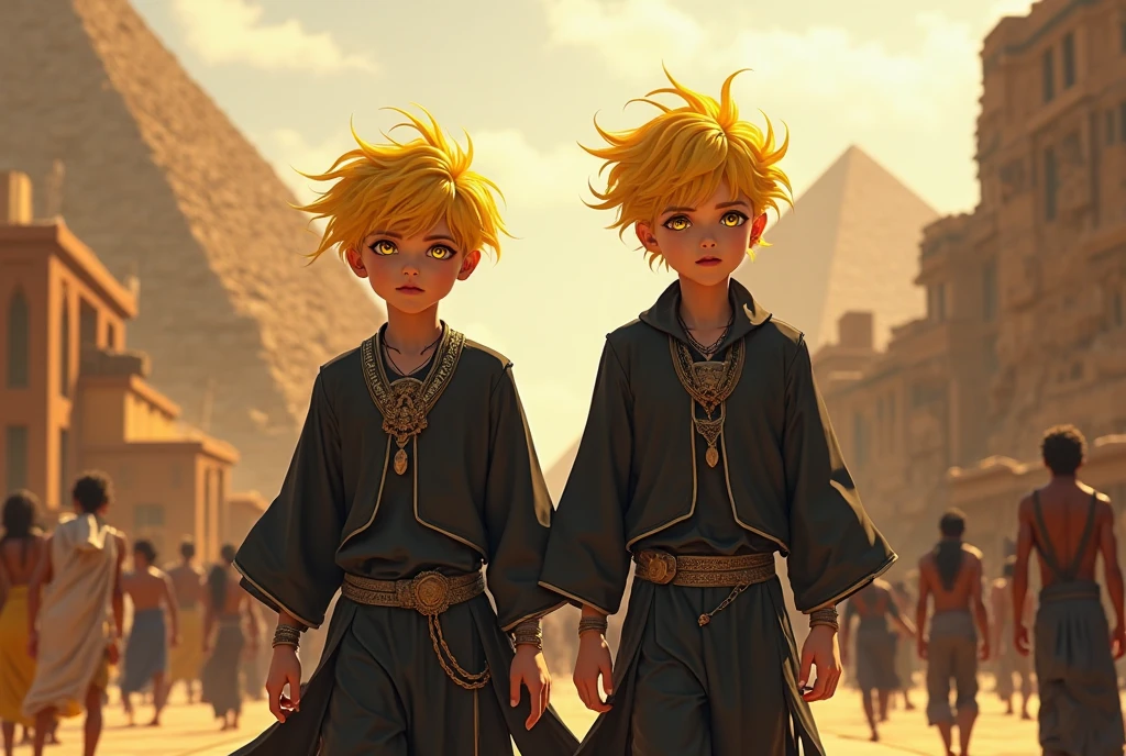 Several boys in a fist in Egypt A 15-year-old boy with pink hair is a man who has honey-colored eyes at the bottom of ancient Egypt you can see the pyramids