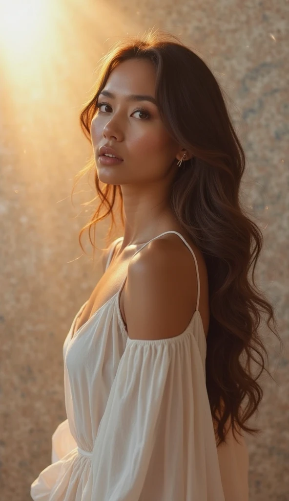 Mexican girl with wavy hair and honey brown eyes looking at the sky from the side balcony in a city with a beautiful sky, (realist), 8k, Ultra quality, 4K quality