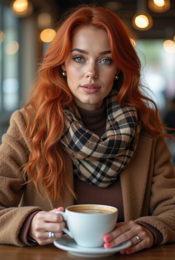 1girl in, age19, Solo, Aesthetic artwork, irish redhead, wavy ginger hair, shoulder length ginger hair, gray eyes, light grey eyes, some small freckles, pale skin, B-cup, medium sized breasts, runners body, detailed skin texture, sitting in a coffee shop, next to a table with coffee cups, smiling, cozy vibes, winter vibes, low lighting, (extremely detailed 8k wallpaper), soft lighting, high quality, film grain, Fujifilm XT3 sharp focus, f 5.6, 50mm, High Detail, Sharp focus,(natural light), white long sleeve coat, unbuttoned, light green khaki pants, crazy details, complex details, hyper detailed