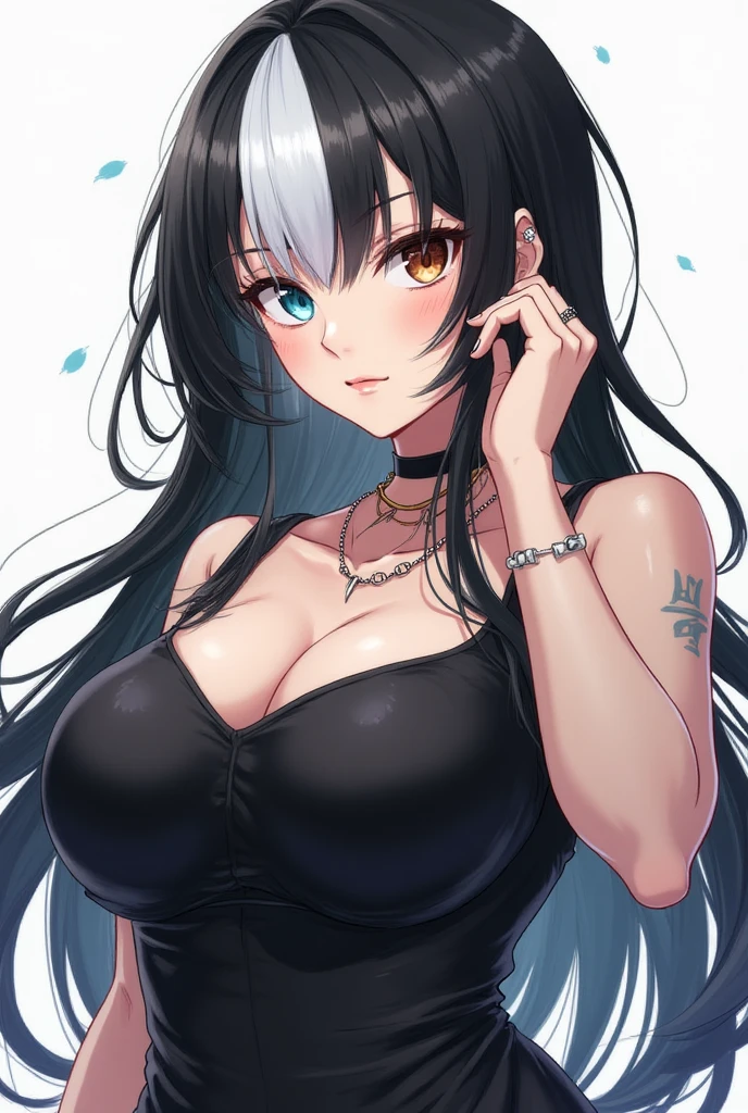 Tough anime girl, charcoal blue hair, straight black horns, black demon tail, grey eyes, eyebags, tired eyes, slightly big breast.