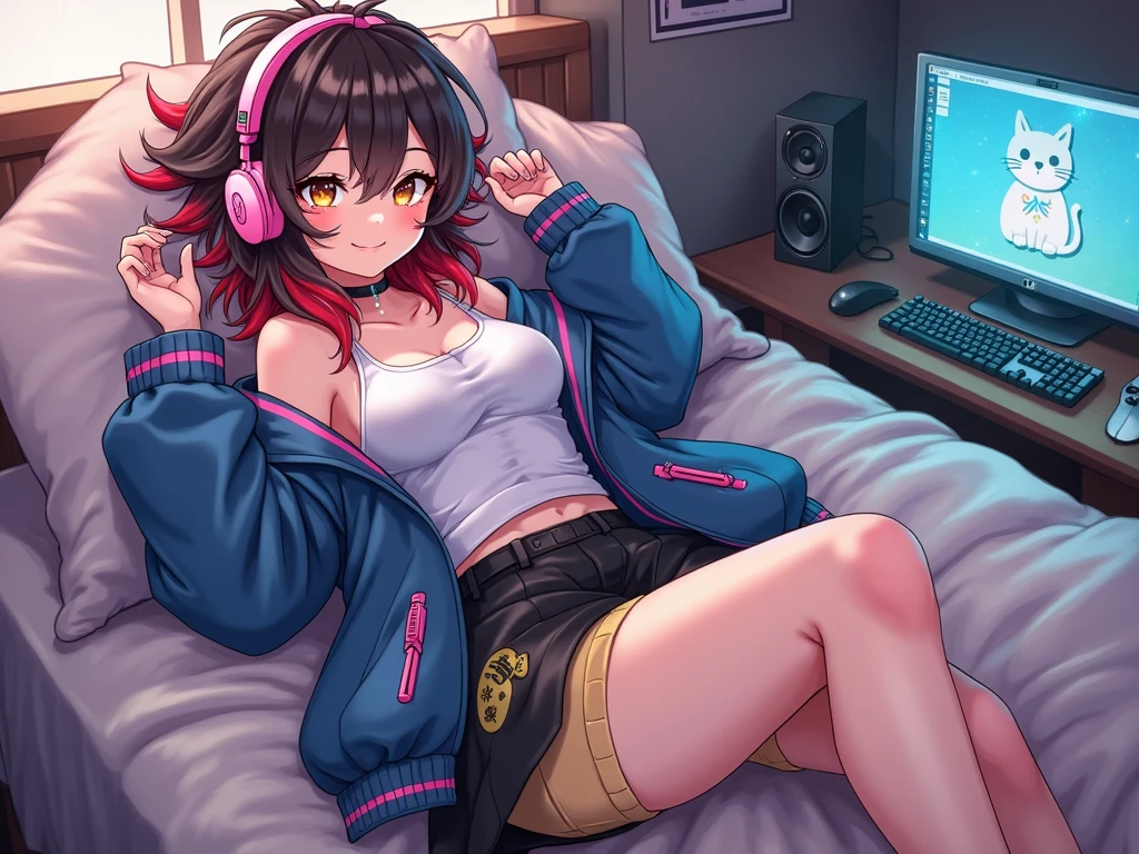 Masterpiece, best quality, 1 girl, brown wavy hair, glasses, white tee shirt, pink underwear, on bed, looking at viewer, sexy, alluring, erotic, blushing, in front of window, city at night, neon, 80s, synthwave