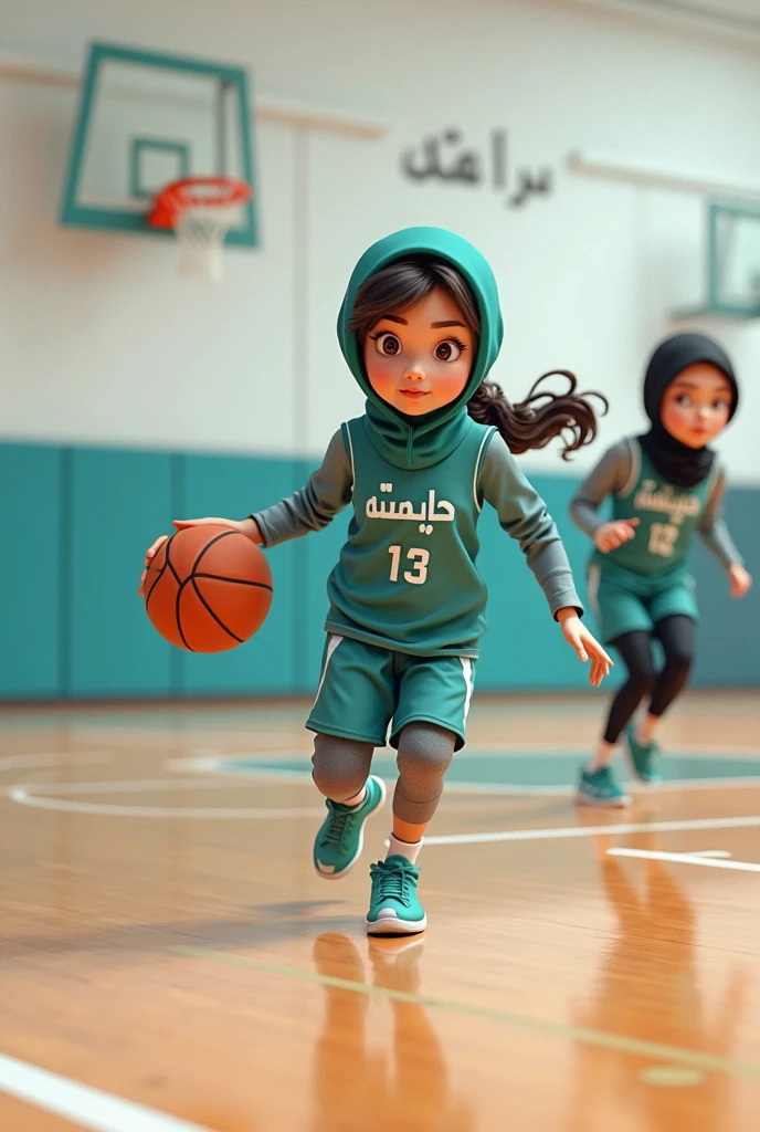 2 woman wearing volleyball jersey, volleyball shoes, socks and hijab cuffs typical of volleyball players and black bracelet, black ring and her hand hitting a volleyball posing looking at the camera 