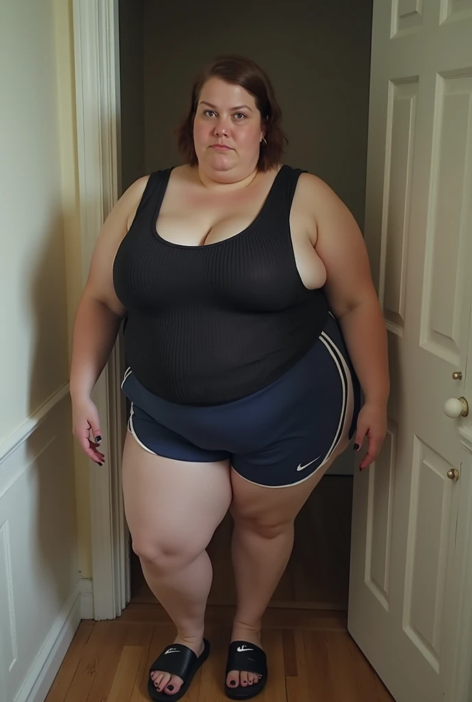 
fat muscular man in thong is defeated and humiliated by young woman behind him, full body photo
