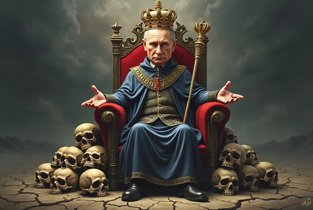 caricature of putin with imperial crown, sitting on a crumbling throne of skulls, dramatic lighting

