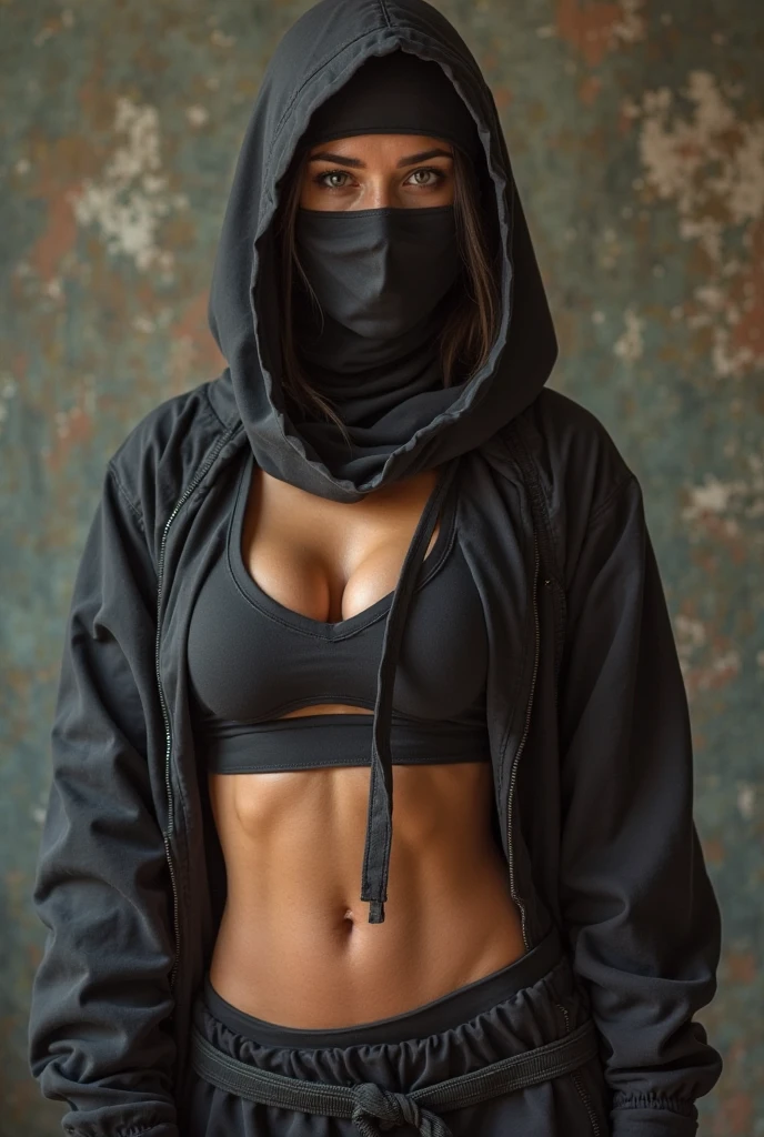 very short hair, straight standing, front facing, looking at the camera, a black beanie hat, short hair, straight hair, a 1girl, muscled body, Realistic Frost's physique, balaclava neck gaiter, Swimsuit attire, Unzipped combat jacket, biggest boobs, biggest butts, straight black hair which does not go past the chin,