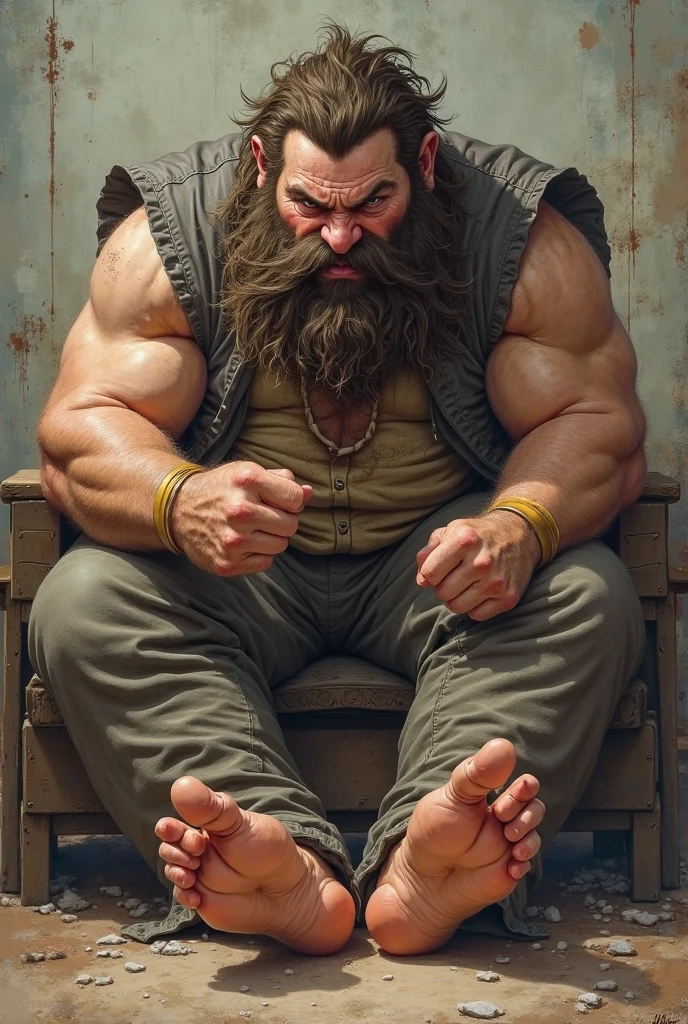 A handsome,Orc with abs tied to a chair,Shoes taken off,Revealing two big bare feet,Both feet are locked in the foot,Feet raised,Keep your feet elevated,The soles of your feet should face the screen,Soles facing forward,Five toes tied with rope in foot,His hands were tied tightly to the chair.,Raise both hands above your head,Exposing the arm socket,His upper body was stripped,Wearing only a pair of trousers,Being tickled by a man in a cap,His armpits were constantly tickled by feathers.,The soles of his feet were being scratched by two brushes.,The toes are also tickled by the feathers growing from the toes.。The abdomen is scratched with a brush,And he laughed(Have an expression of laughing like being tickled,Keep your feet elevated,The soles of your feet should face the screen)