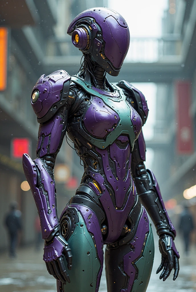 score_9, score_8_up, score_7_up, Wear purple and white mechanical clothing, Wonders of the machine, cyber, Cybernetic Guardian, Futuristic Armor, whole body, Front pose, Symmetric, Complex (Steel Metal [rust]), joint, Warframe style, cyborg, Female body armor, (Best Quality, 4K, 8K, High Definition, Masterpiece:1.2), (Ultra Detailed, Realistic, Photorealistic:1.37), detailed fractal patterned skin, cute lips, Bioluminescence, dark aura