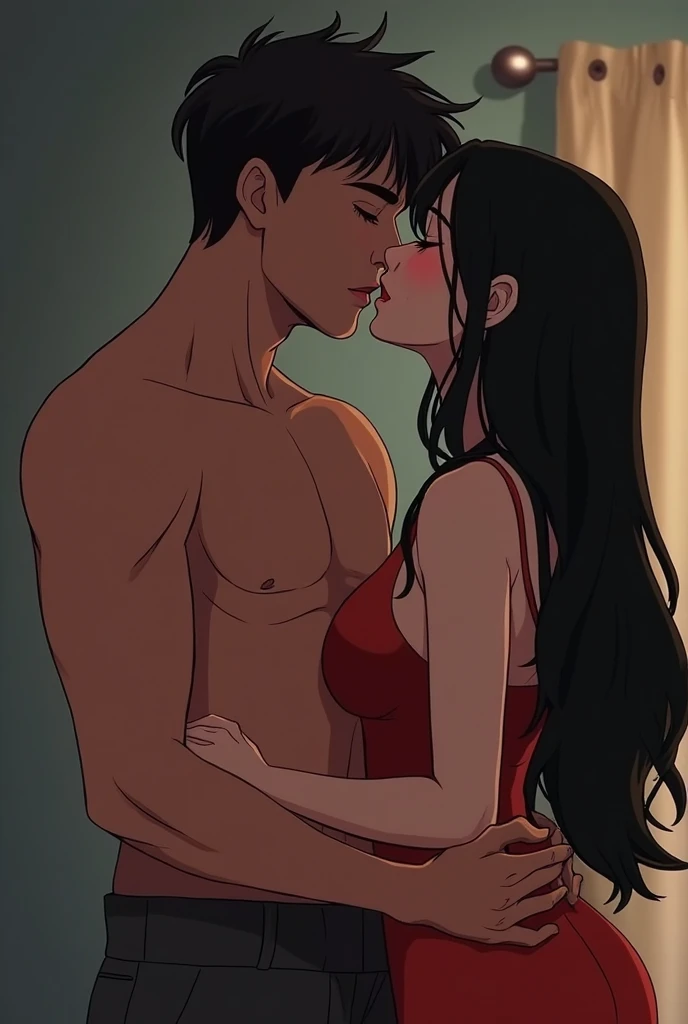 Shirtless boy kissing a sexy woman wearing her long straight luscious black hair, soft lips, parted, blushing intensely, olive green crop top, white cargo pants, white shirt, medium chest, cleavage, perfect body, passionate, intensely intimate, lustful, hot
