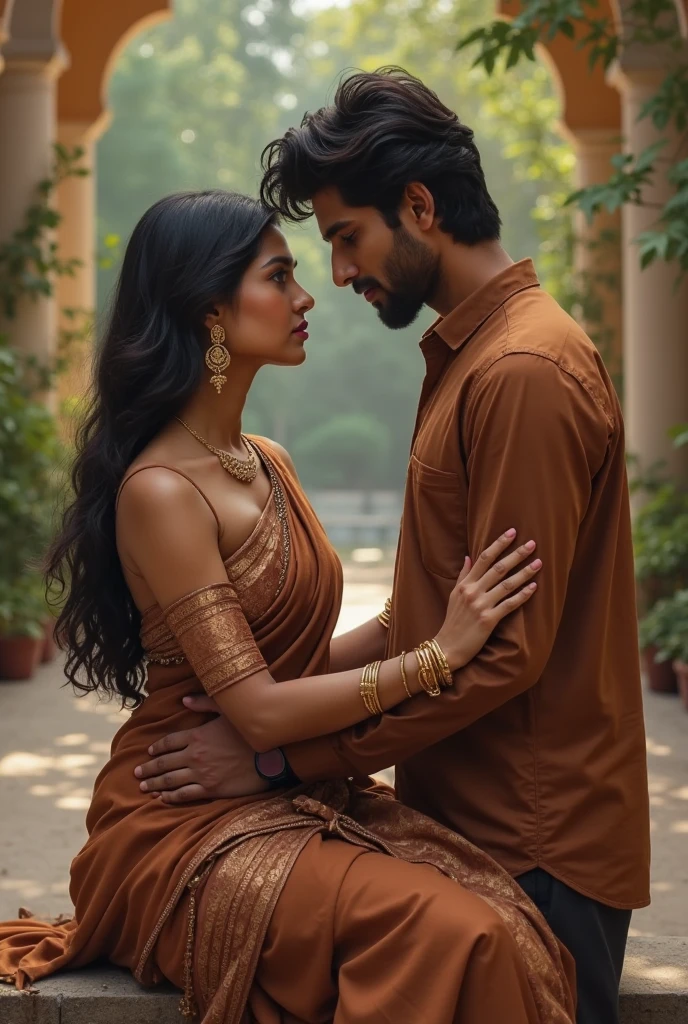 Indian woman and blond white man hugging and kissing,El fondo es viento de colores y maderas coloridas,Primer plano de la parte superior del cuerpo