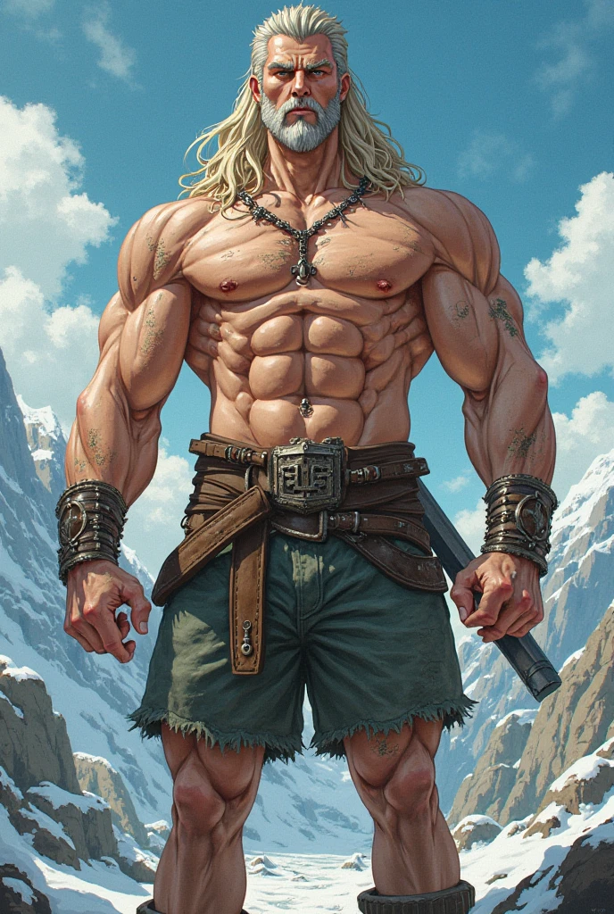 Black Viking left arm tattoo design, a full body muscular viking man, and beautiful blond woman showing naked big busty without clouds, muscular legs, holding big sword with right hand, brown hair divided with bangs, perfect realistic blue eyes, wearing warrior leather shoes, wearing warrior boots, lake and mountains in the background.
