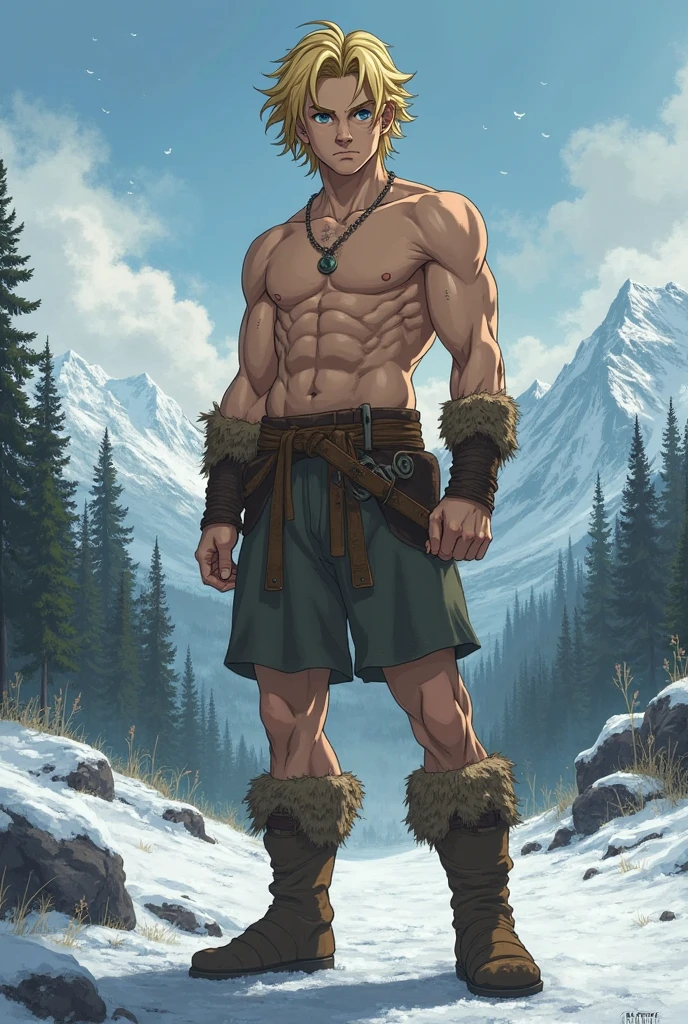 Mighty warrior, shirtless upper body, legs exposed from thighs to feet, cascading long curls, detailed muscular physique, lifelike depiction, 4K resolution. Background: Snow-covered mountain peak,32k uhd, best quality, masterpiece, super detail, high details