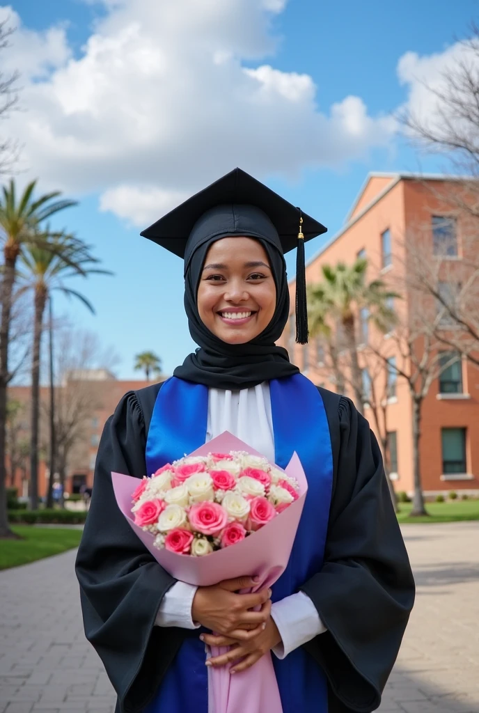 Realistik Karikature,fan art photography, A women, wearing hijab, wearing black graduation hat, in pastel pink and pastel blue graduation gown, pastel blue shoes, pastel blue and pastel pink theme background, leaf effect background, blue lighting effect, bright results