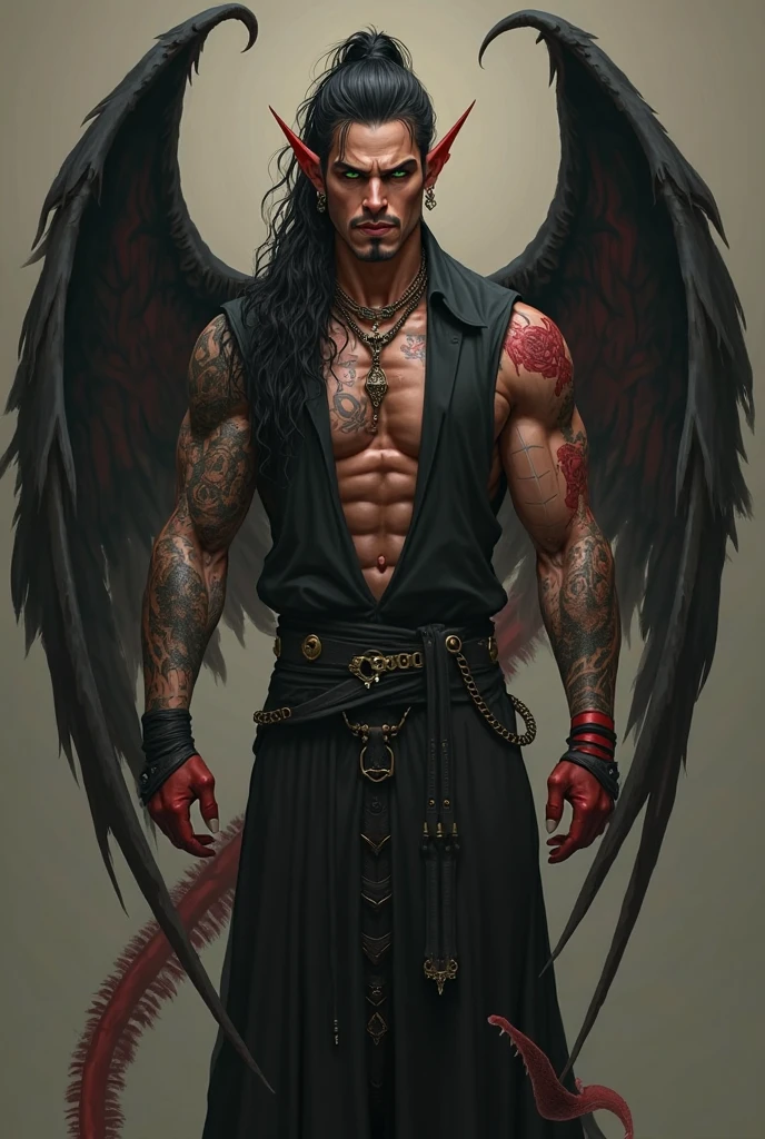 Design a tattoo made of lucifer angel ink and horns and muscular physique and angelic face 