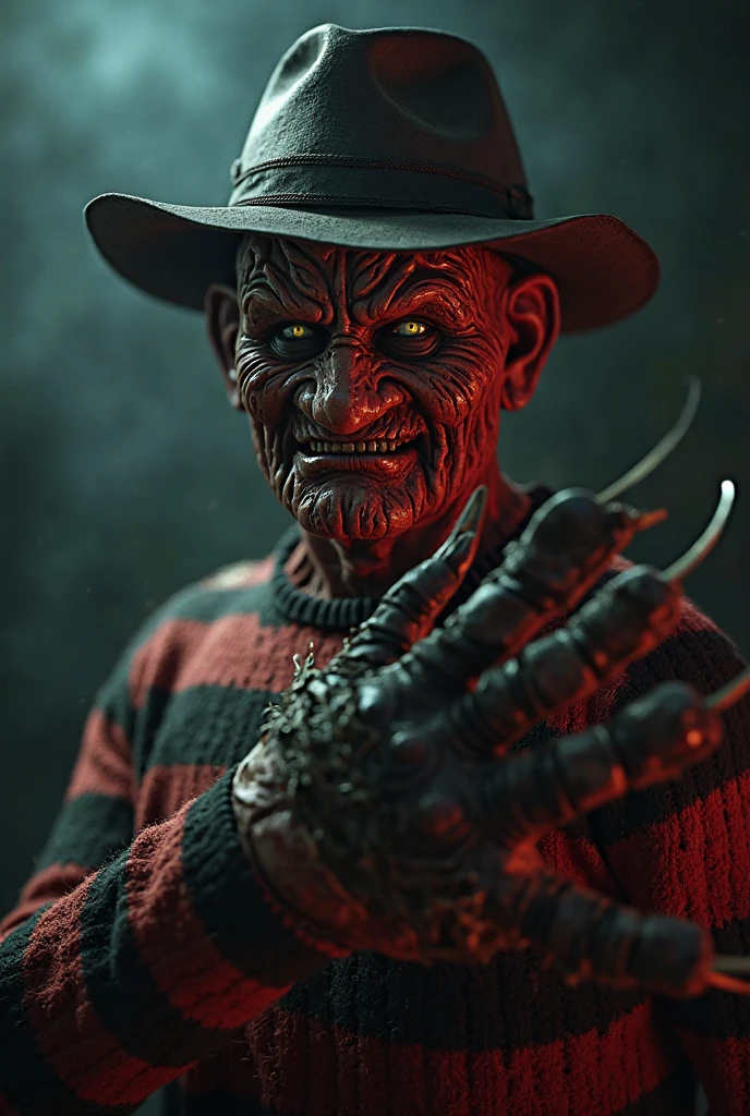 Freddy Krueger, Highly detailed, stylized illustration featuring a menacing figure with a grotesque, scarred face and pale skin. The character is wearing a dark brown fedora and a red and green striped sweater. His right hand is equipped with a glove that has long, sharp blades extending from the fingers, which are dripping with blood. The background shows a suburban street with a street sign labeled 'Elm St.' and a full moon illuminating the night sky. The overall color palette is dark and eerie, with a mix of deep blues, greens, and reds, enhancing the horror theme of the image.anatomicamente correto, super detalhado, alta qualidade, 4K, anatomicamente correto, altos detalhes, superdetalhado, 4K