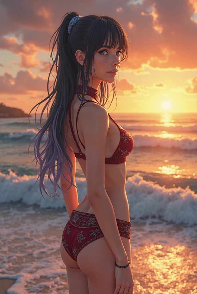 best quality, expressive eyes, perfect face, looking at viewer, cowboy shot, back view, sitting, yoruichi shihouin, dark skin, dark-skinned female, (red lacy bikini)), yellow eyes, purple hair, long hair, ponytail, blue sky, lake