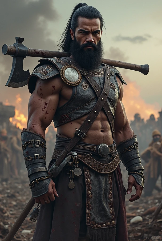 He is described as a strong angry man , with a 40-year-old appearance like a muleteer