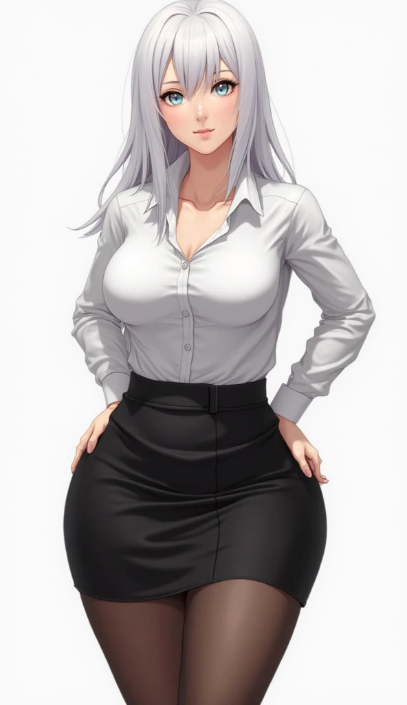 best quality, glossy, 4k, ((artwork)), extremely detailed, 8k, beautiful, MILF, older woman, grey hair in a one bun, brown eyes, light lips, pink button-down shirt, long sleeves, dark purple pants, belt, no background, no background, standing, hand on the hips, old lady, saggy breasts, green eyes, cleavage, slim body