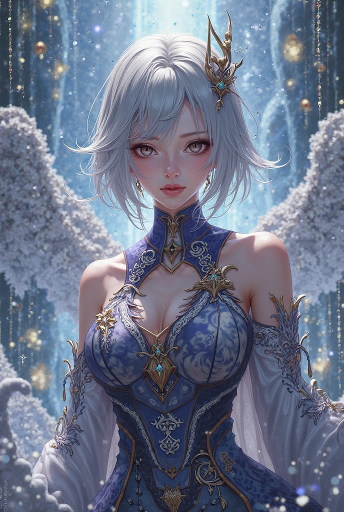 masterpiece:1.3), (8k, Realistic, RAW Photos, Best image quality: 1.4), Fair-skinned fairy woman、short hair、Cleavage:2.0、Highly detailed face、Attention to detail、double eyelid、Sharp focus:1.2、Beautiful woman:1.4、Silvery white hair、Highest quality、masterpiece、Ultra-high resolution、(Realistic:1.4)、Highly detailed and professionally lit smiles、Final Fantasy、