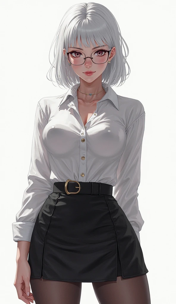 ((((masterpiece, best quality, high resolution)))), Extremely detailed 8K, Beautiful girl with voluptuous body, (Ultra HD, Ultra-detailed, Highly detailed, Highly realistic, Ultra-realistic, photograph realistic), (1girl:1.5), (Realistic white hair), (short wavy hair, hair ornaments, earrings), (dynamic poses), facing at camera, looking at viewer, (blushing red, embarrassed, exhausted, smile), (purple eyes, sharp eyes), (perky breasts:1.2), (beautiful detailed face, beautiful detailed eyes), ((unbuttoned white blouse, black office skirt)), (detail pussy), (sitting on desk:1.3), sweat, glow, (nightlight), ((cowboy shot)), office room, seductive