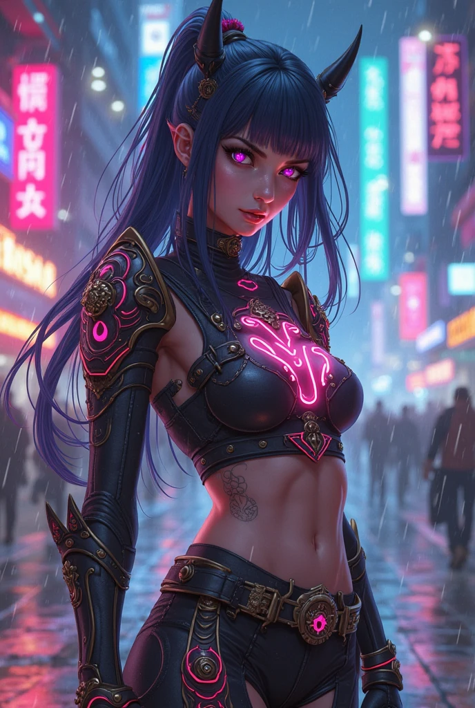 night city, neon, perfect starry sky, UHD, high detail, high quality, super detail, 16k, one woman, Makoto Shinkai, Ghibli, micro bikini, plain bikini, ((bikini with less fabric)), big eyes, long eyelashes, very long eyelashes, ethnic tattoos, (tattoos that cover the entire body), (((lots of tattoos)), tattoos on the chest, tattoos on the arms, tattoos on the fingers, ((( tattoos all over the chest)), beautiful features, neutral features, short hair coming soon