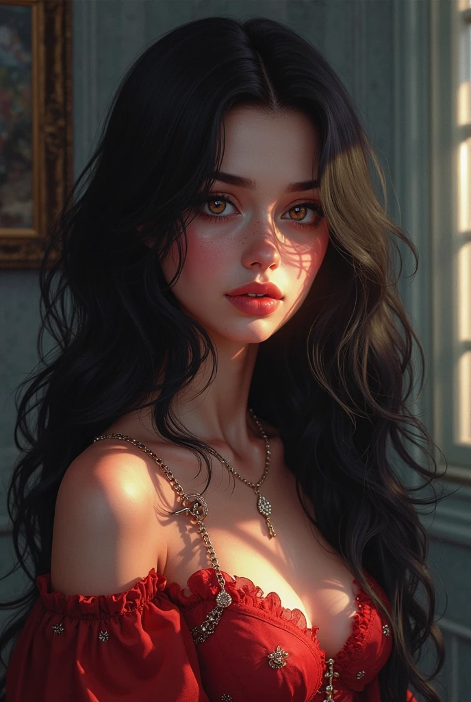 A black-haired, black-eyed woman with a crown and bangs, wearing an evening gown, is 2D.