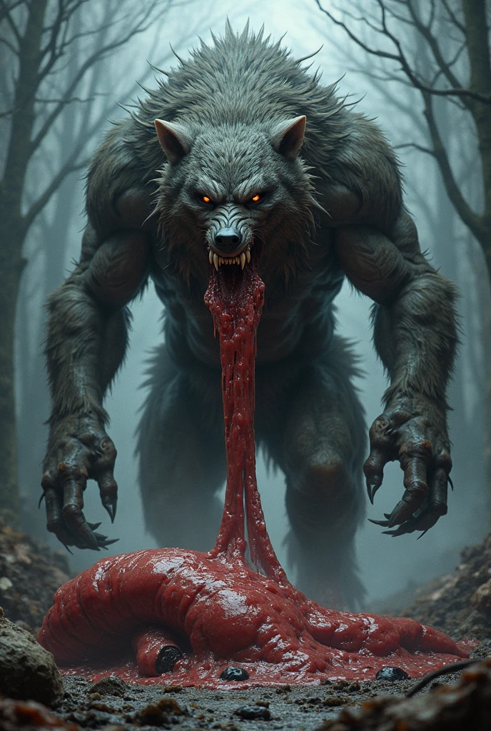 Create a werewolf with someone&#39;s head hanging from its mouth with blood.