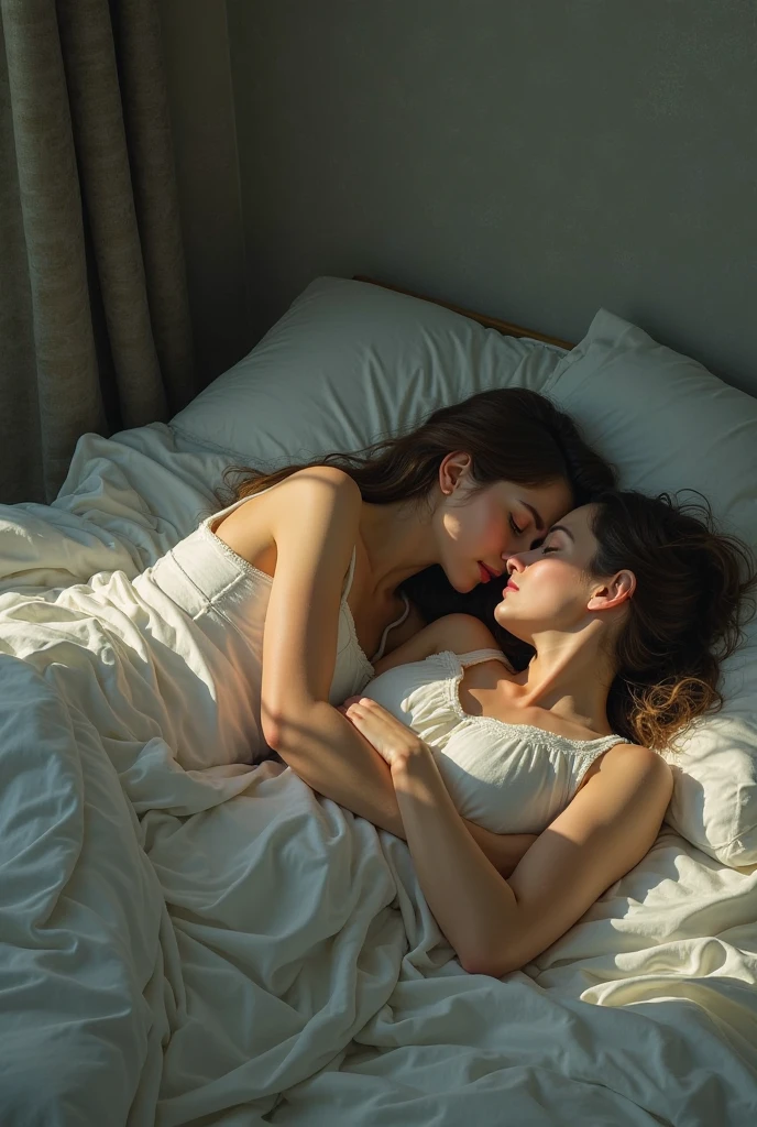 "Create a drawing of a couple, both lying in bed, covered, hugging each other. The woman has short hair and the man has slightly long hair. The perspective is from above, and some things in the room are visible."