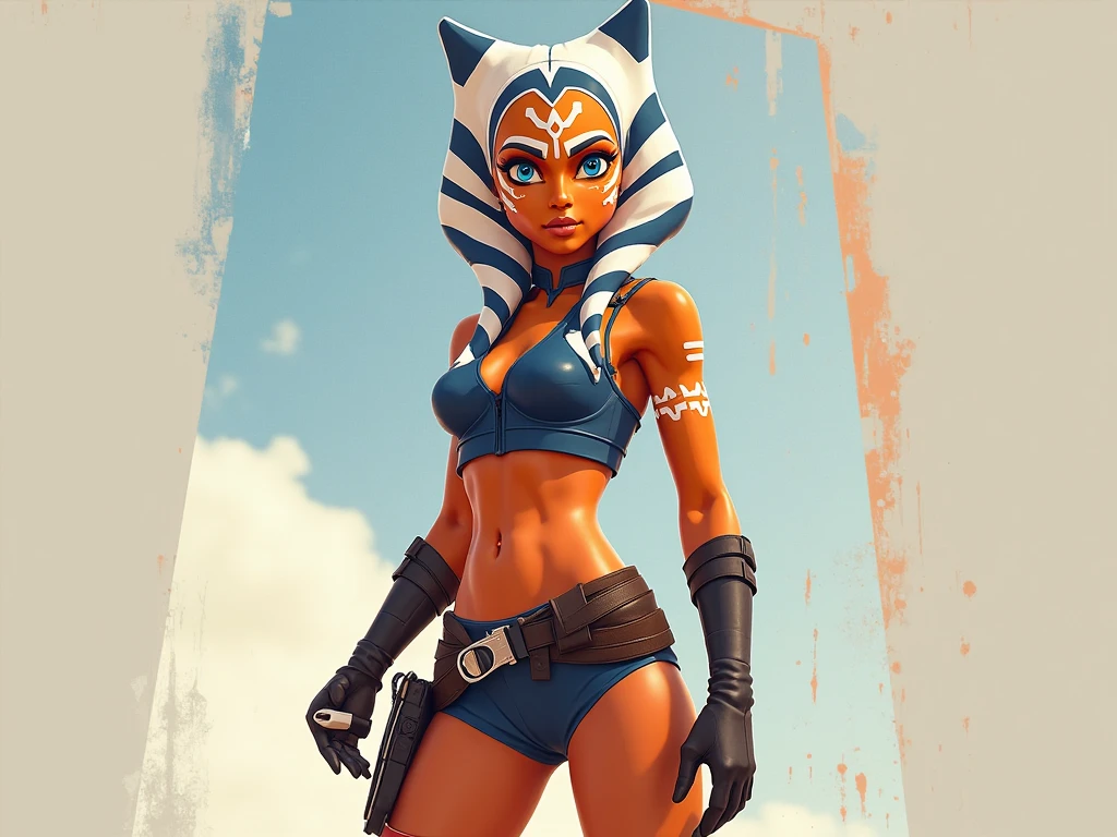 (masterpiece, best quality, ultra-detailed), AhsokaTano, (orange skin:1.2), blue eyes, makeup, medium breasts, blush, jeans, crop top, modern clothes, fully clothed, street, city, nighttime, full moon, starry sky, street light illumination, walking, smirk, upper body