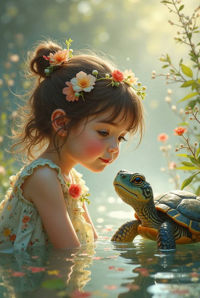 CHILD girl with a black bow and a black dress and TURTLE . , com cabelo castanho escuro, meninaabelo castanho, fitas de cabelo preto, uma bela adolescente-idade, wearing hair bow, menina jovemlo castanho e olhos grandes, foto de meio comprimento,